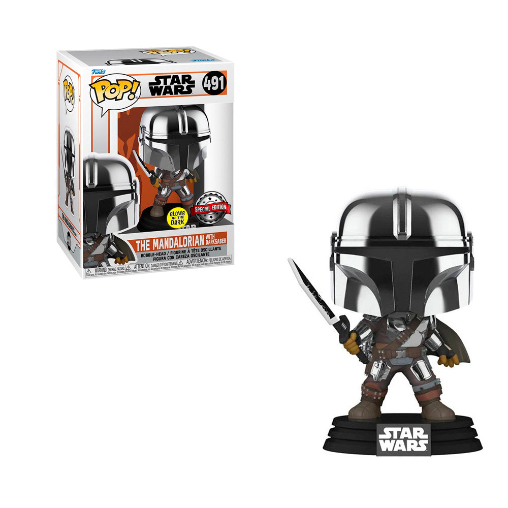 491.- POP! STAR WARS - The Mandalorian with Darksaber (EXCL. TO SE.) (GLOW IN THE DARK)